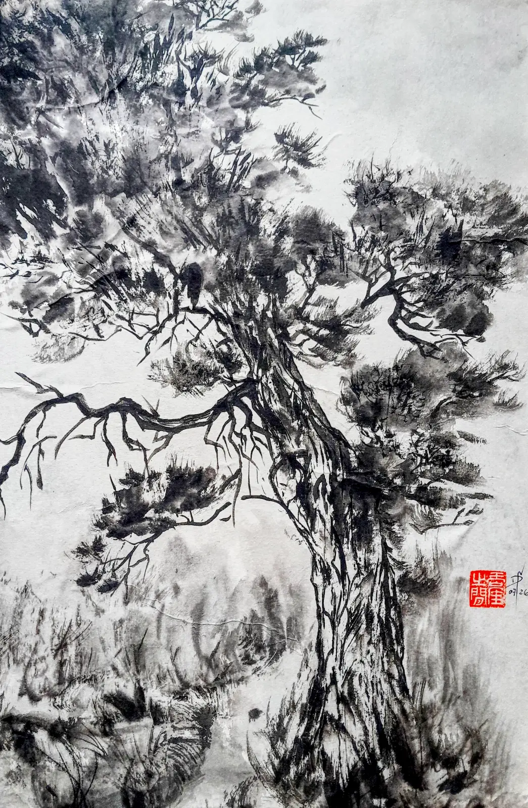 pin peint à l'encre de Chine sur papier de riz