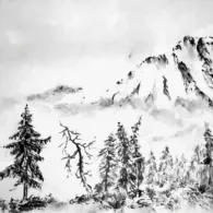 Il n'y a pas d'âge pour contempler les sommets, 2025 Peinture à l'encre, arbres et montagnes