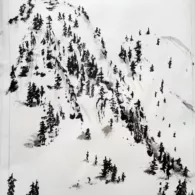 Invitation à se laisser glisser, 2025 Peinture à l'encre, pente enneigée